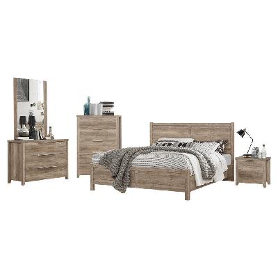 5 pieces bedroom suite natural wood like mdf structure king size oak colour bed, bedside table, tallboy and dresser