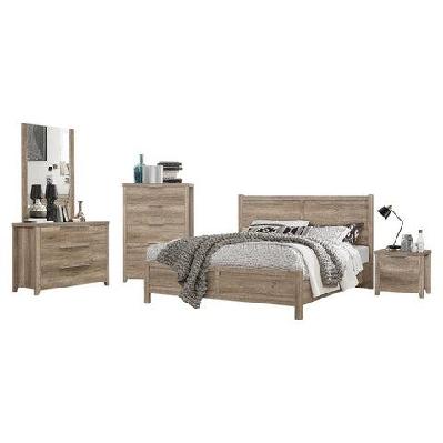 5 pieces bedroom suite natural wood like mdf structure queen size oak colour bed, bedside table, tallboy and dresser