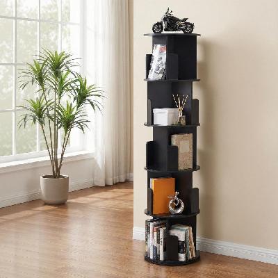 5 tiers bookshelf swivel bookcase display shelves stand round black