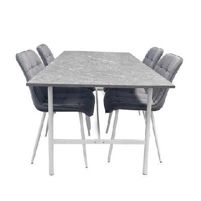 5pc dining set gemma rectangular marble look dining table 160cm w/ 4pc loma velvet dining chair grey