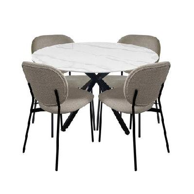 5pc dining set harper round marble look dining table 120cm white w/ 4pc archie fabric dining chair latte