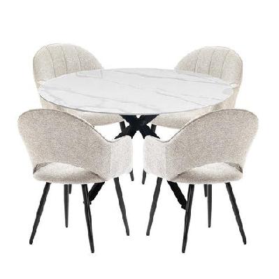 5pc dining set harper round marble look dining table 120cm white w/ 4pc luka fabric dining chair coconut