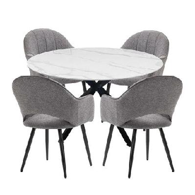5pc dining set harper round marble look dining table 120cm white w/ 4pc luka fabric dining chair grey