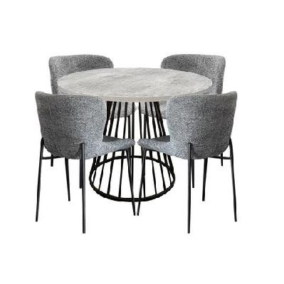 5pc dining set matilda round dining table 110cm faux cement w/ 4pc sonata fabric dining chair grey