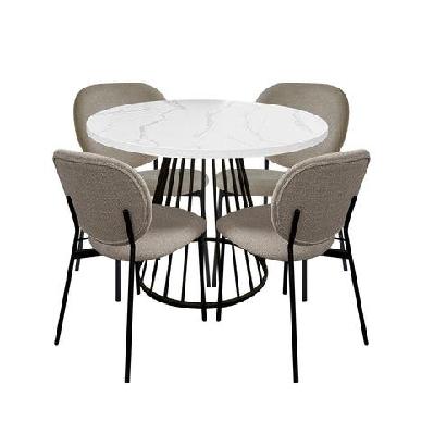5pc dining set matilda round dining table 110cm faux marble w/ 4pc archie fabric dining chair latte