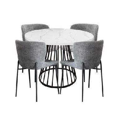 5pc dining set matilda round dining table 110cm faux marble w/ 4pc sonata fabric dining chair grey