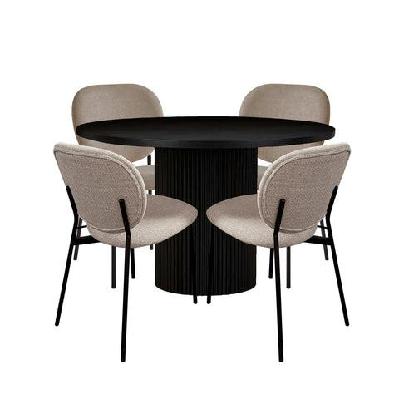 5pc dining set sona round dining table 120cm black w/ 4pc archie fabric dining chair lattte