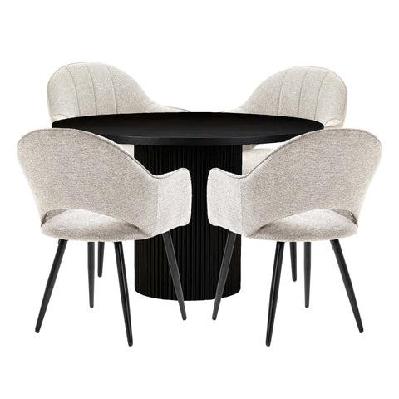 5pc dining set sona round dining table 120cm black w/ 4pc luka fabric dining chair coconut
