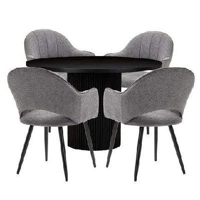 5pc dining set sona round dining table 120cm black w/ 4pc luka fabric dining chair grey