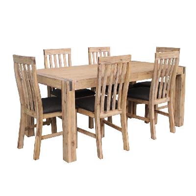 7 pieces dining suite 180cm medium size dining table and 6x chairs with solid acacia wooden base in oak colour