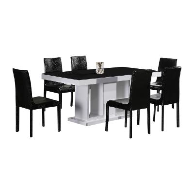 7 pieces dining suite dining table and 6x black chairs in rectangular shape high glossy mdf wooden base combination of black and white colour