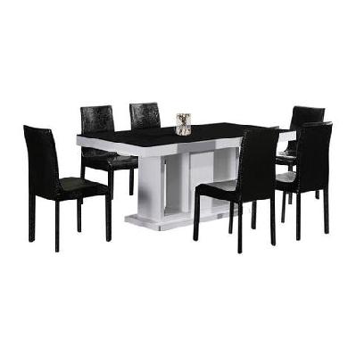 7 pieces dining suite dining table and 6x black chairs in rectangular shape high glossy mdf wooden base combination of black and white colour