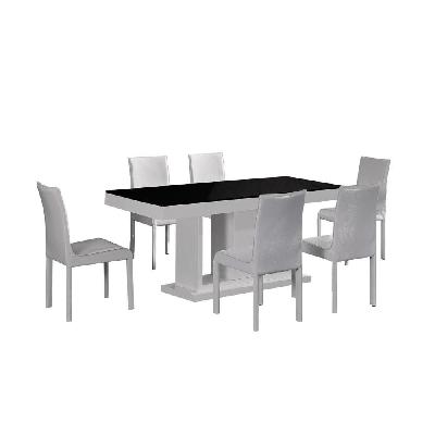 7 pieces dining suite dining table and 6x white chairs in rectangular shape high glossy mdf wooden base combination of black and white colour