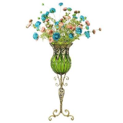 85cm green glass tall floor vase and 12pcs blue artificial fake flower set