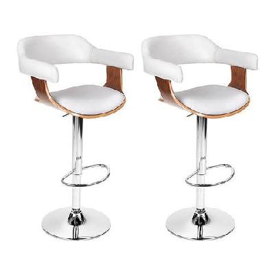 set of 2 wooden pu leather bar stool - white and chrome