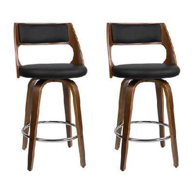 set of 2 wooden bar stools pu leather - black and wood