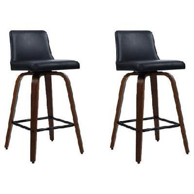 set of 2 wooden pu leather bar stool - black and brown wood legs