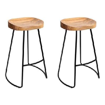 set of 2 elm wood backless bar stools 65cm - black and light natural