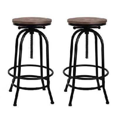 set of 2 bar stool industrial round seat wood metal - black and brown