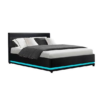 lumi led bed frame pu leather gas lift storage - black double