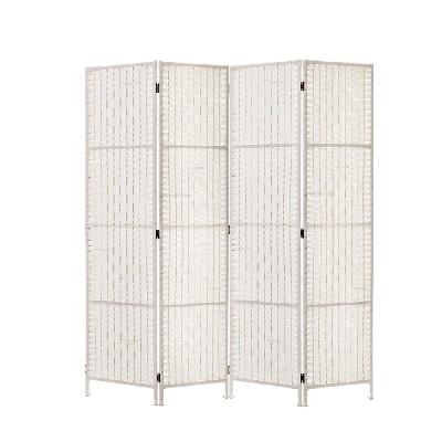4 panels room divider screen privacy rattan timber fold woven stand white
