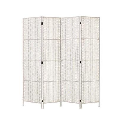4 panels room divider screen privacy rattan timber fold woven stand white