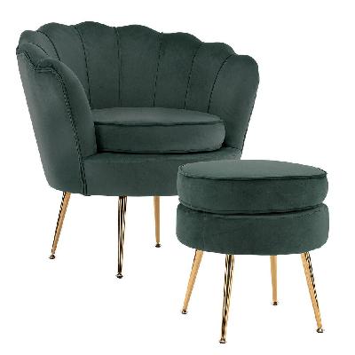 la bella shell scallop green armchair accent chair velvet + round ottoman footstool