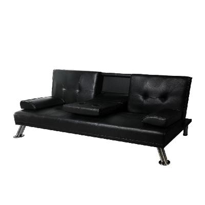 adjustable 3 seater pu leather sofa bed lounge futon couch with cup holder black