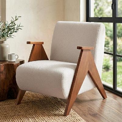 armchair accent chair sturdy upholstered solid wood chenille fabric white