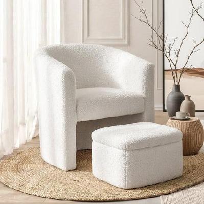 armchair accent chair w/ottoman lounge footrest storage boucle white