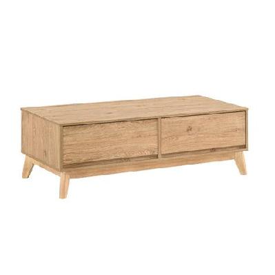scandinavian coffee table – 2 drawers, oak finish, rubberwood legs, 120cm