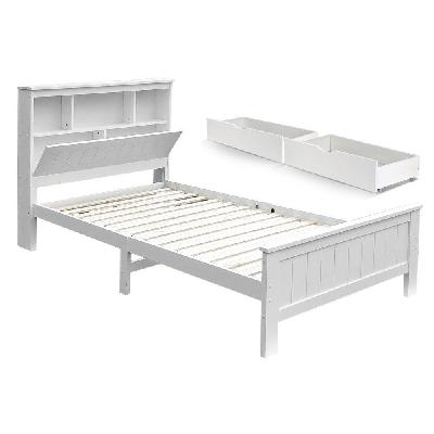bed frame king single size wooden with 2 storage drawers white