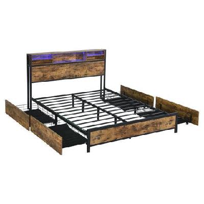 queen bed frame with rgb led light, charging station, headboard shelf and 4 storage drawers – browne queen