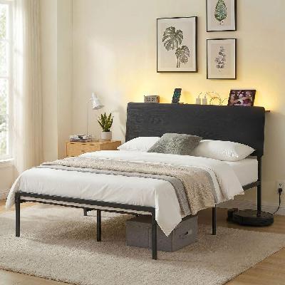 bed frame queen size led metal bed base with charging station lan