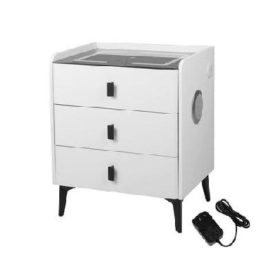 bedside table with led lights, wireless charging, bluetooth speaker and 3 drawers - white