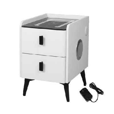 bedside table with led lights, 2 drawers, wireless charging, and bluetooth speaker - white
