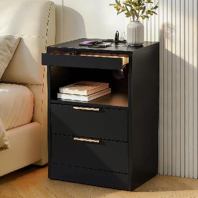 bedside table led nightstand charging station 2 drawers - black
