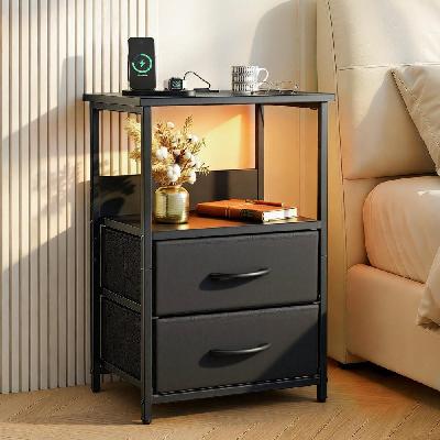 bedside table led nightstand charging station 2 drawers foldable black