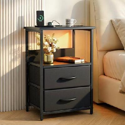 bedside table led nightstand charging station 2 drawers foldable black
