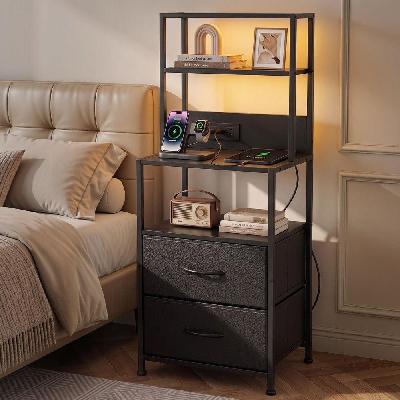bedside table tall nightstand with charging station drawers led black
