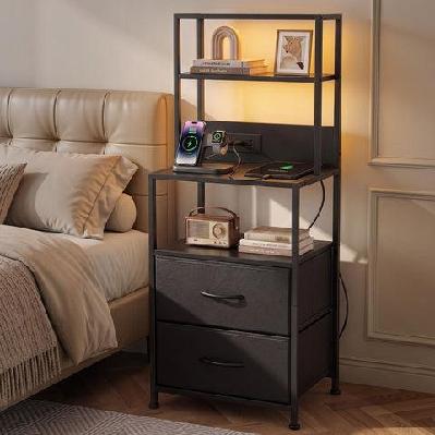 bedside table tall nightstand with charging station drawers led black