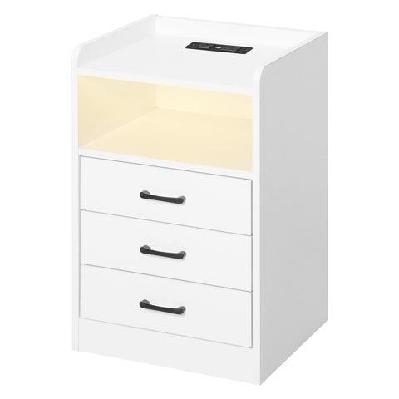 bedside table with usb charging outlets led lights and 3 drawers - white