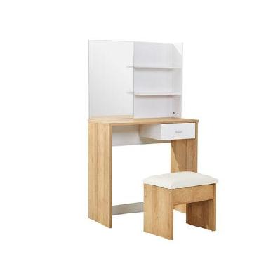 modern wooden  mirrored dressing table w/ stool - oak and white