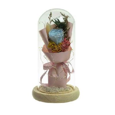 blue floral artificial fake plant decorative blue in glass dome