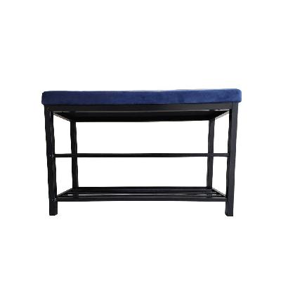 decorative shoe rack bench with blue velvet seat - modern black and wood storage organizer