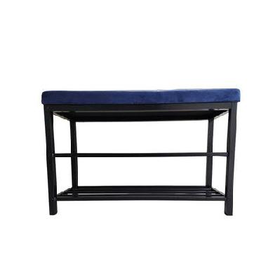 decorative shoe rack bench with blue velvet seat - modern black and wood storage organizer