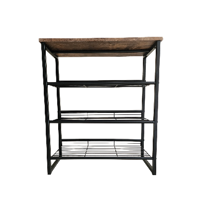 4-tier black and wood shoe rack - modern carbon steel storage organizer