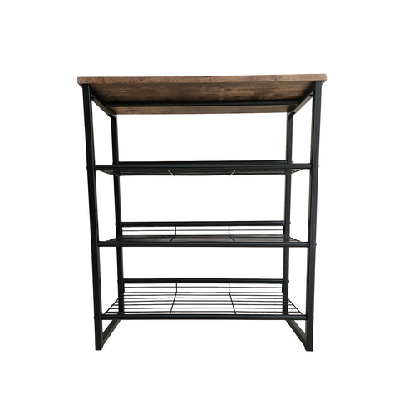 4-tier black and wood shoe rack - modern carbon steel storage organizer