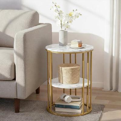 coffee table 2-tier round marble effect whiteandgold