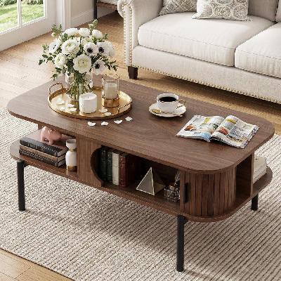 coffee table living room center table shelf cabinet walnut